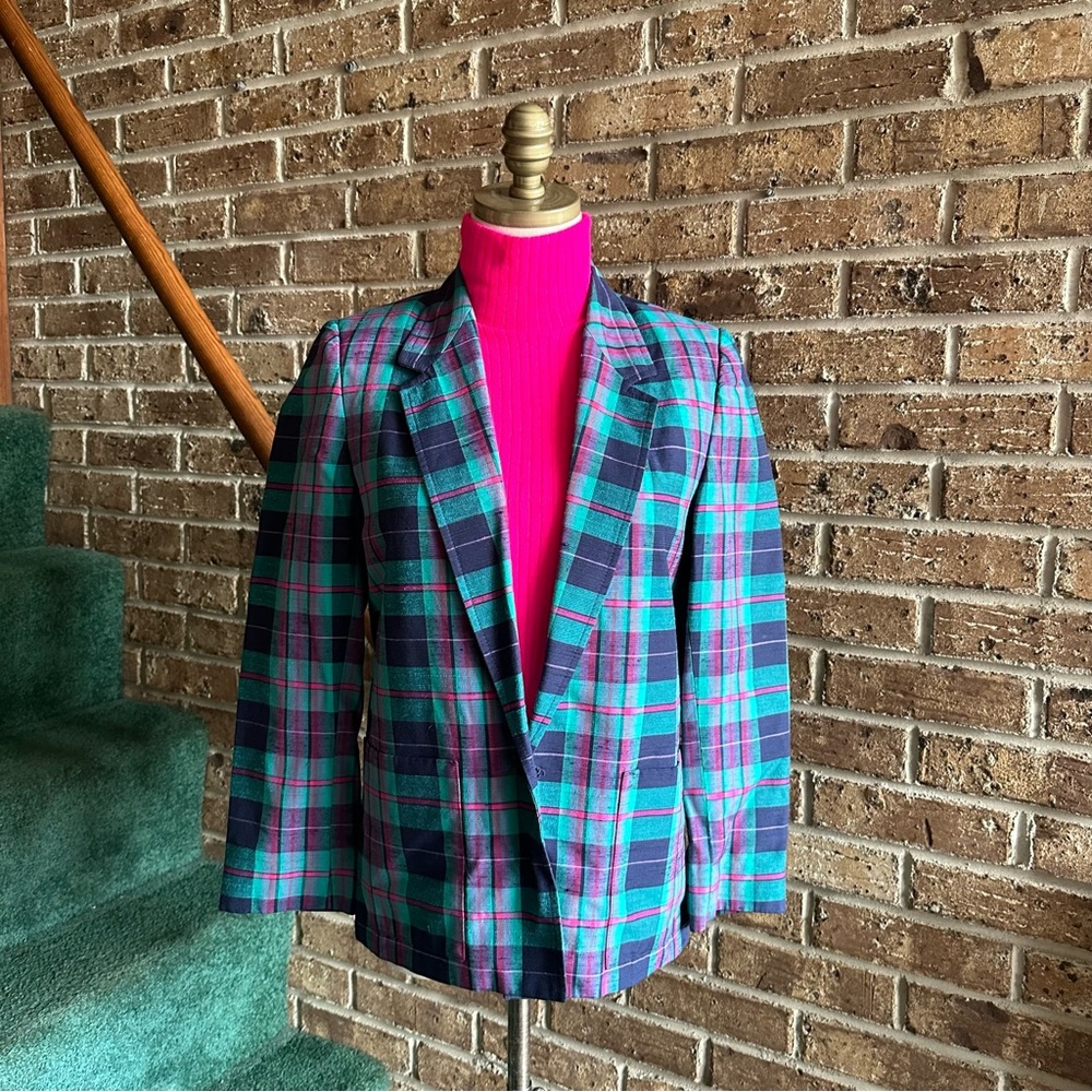 VTG 80s Retro Bright Plaid Blue & Neon Pink Blazer & Sleeveless Turtleneck